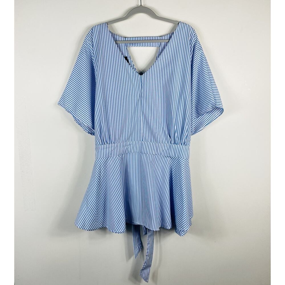 Ashley Stewart Light Blue & White Striped V-Neck Peplum Blouse